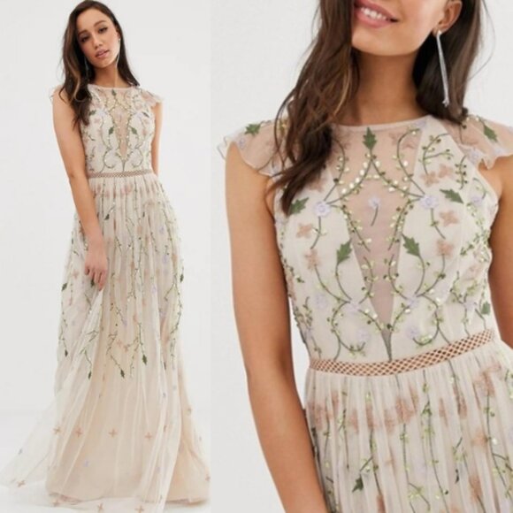 New! ASOS Tan Floral Embroidered Sequins Maxi Dress Size 12 26504 - Picture 1 of 16